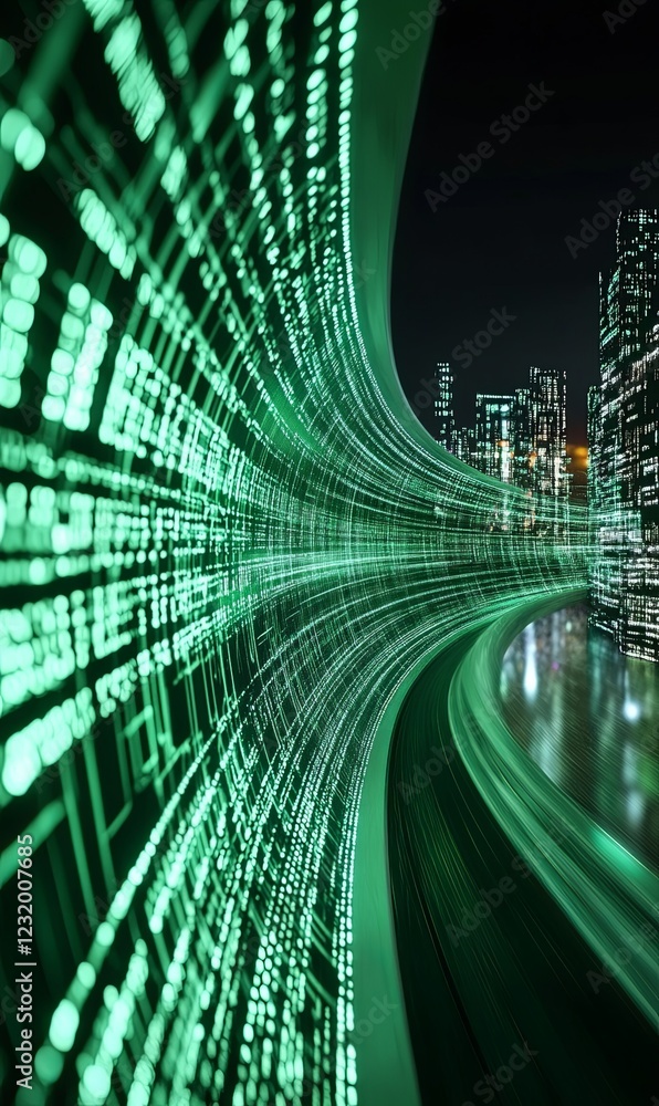 Poster green data stream flowing through cityscape at night, ideal for tech or data concepts