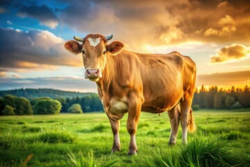 A high-resolution portrait of a beautiful, pregnant cow grazes peacefully in a rural countryside setting.