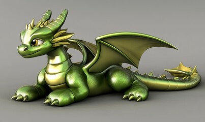 Fototapeta premium Green dragon lying, wings spread, gray background, fantasy, children's illustration