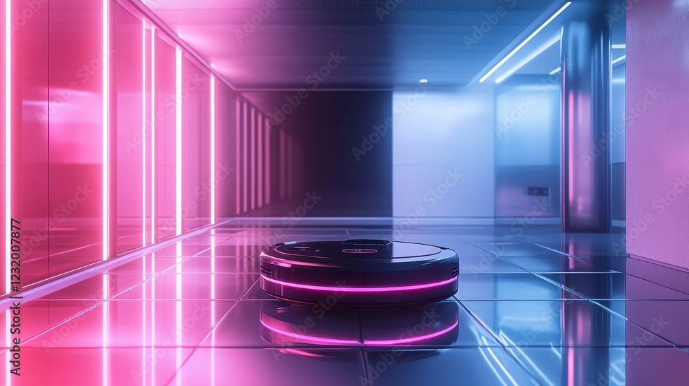 Poster abstract neon lights background with pink and blue glowing display platform