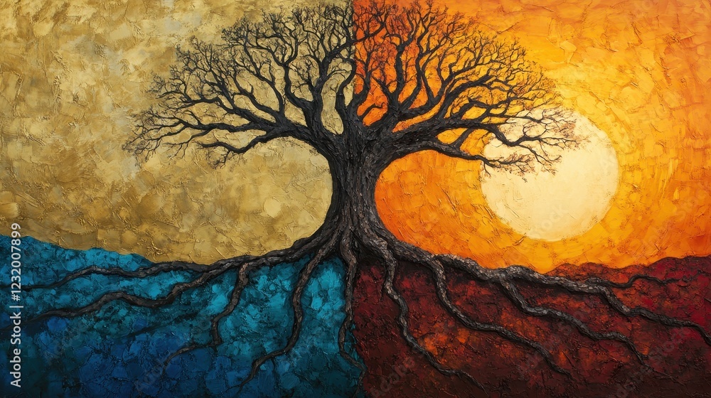 Poster abstract painting of a tree with roots and branches against a sun and sky background