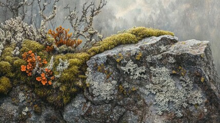 Obraz premium Misty Mountain Mossy Rock Landscape