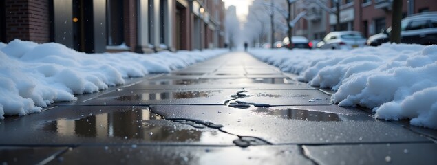 Snowy urban sidewalk with melting puddles on a winter day