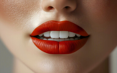 Obraz premium Close up of glossy red lips and radiant smile. Dentist concept. Teeth healthcare.
