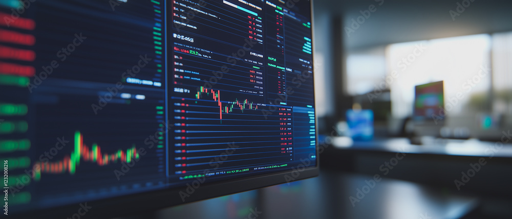 Poster digital dashboard: close-up view of a large monitor displaying complex financial data, graphs, and c