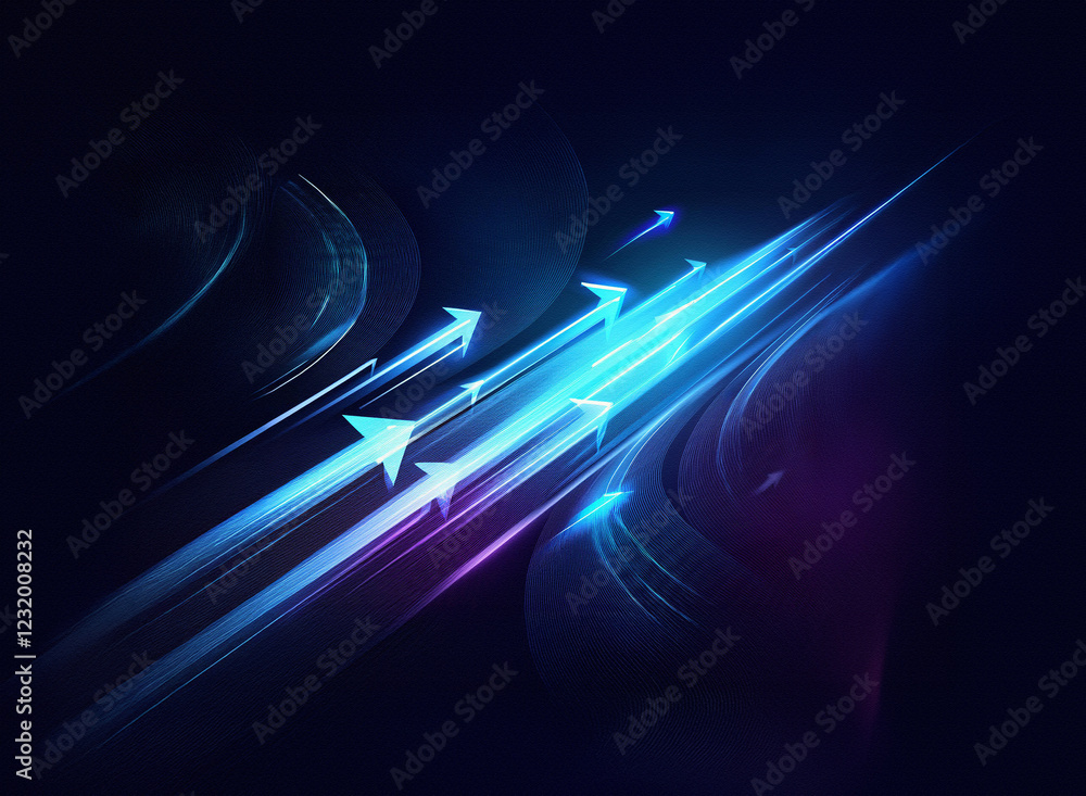 Poster Glowing blue arrows streak across a dark, abstract background, suggesting rapid movement and progress.  The vibrant light trails create a dynamic, futuristic feel.