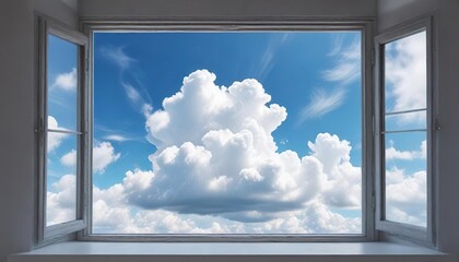 Square window overlooking blue sky and white cumulus clouds, cumulus, geometric