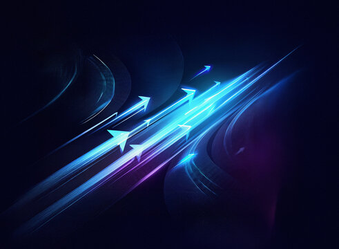 Glowing blue arrows streak across a dark, abstract background, suggesting rapid movement and progress.  The vibrant light trails create a dynamic, futuristic feel.