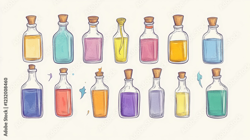 Aufkleber glass bottles with magic elixir or potion. cartoon vector illustration set of game icon vials with c