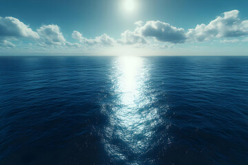 Obraz premium Bright Sun Reflecting on a Calm Blue Ocean Under a Partly Cloudy Sky