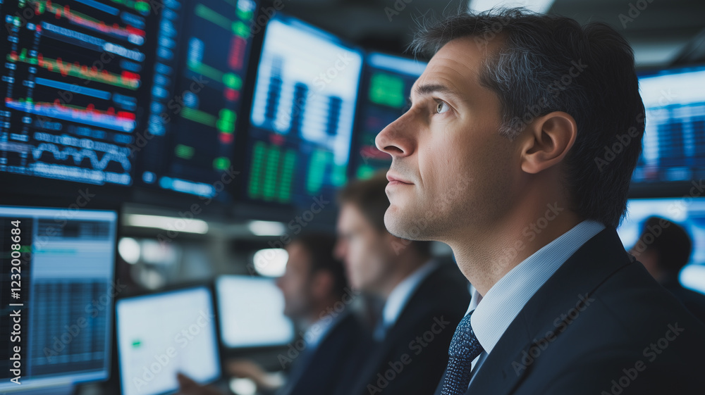 Poster focused on data: a businessman intently scrutinizes data displayed on a wall of screens in a modern,