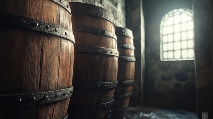 Fototapeta premium Aged Wooden Barrels in a Rustic Stone Cellar