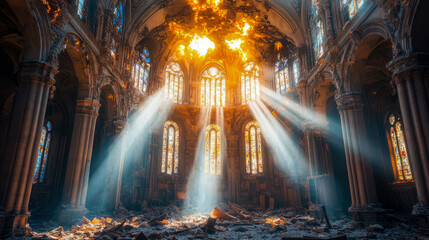 Fototapeta premium Sunbeams Illuminate Ruined Cathedral