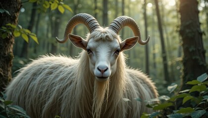 fChèvre naine dans une forêt luxuriante, portrait majestueux, photoréalisme artistique.