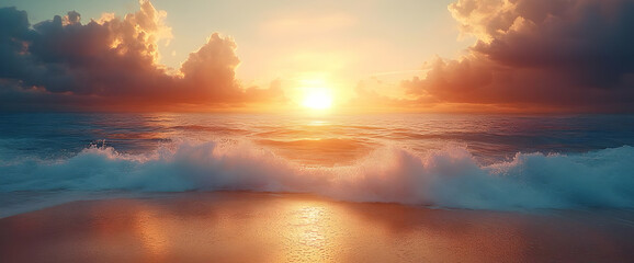 Ocean Waves Crashing on Sandy Beach at Sunset