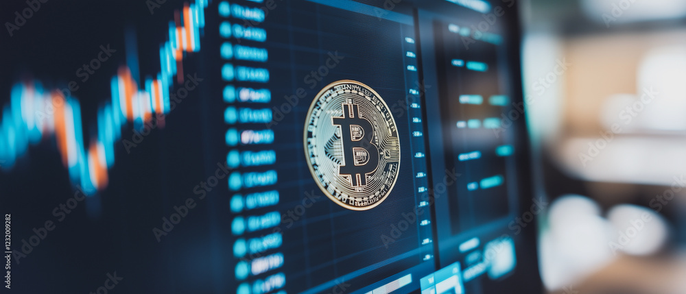 Poster bitcoin market trend: a close-up shot of a computer screen displaying a bitcoin cryptocurrency logo 