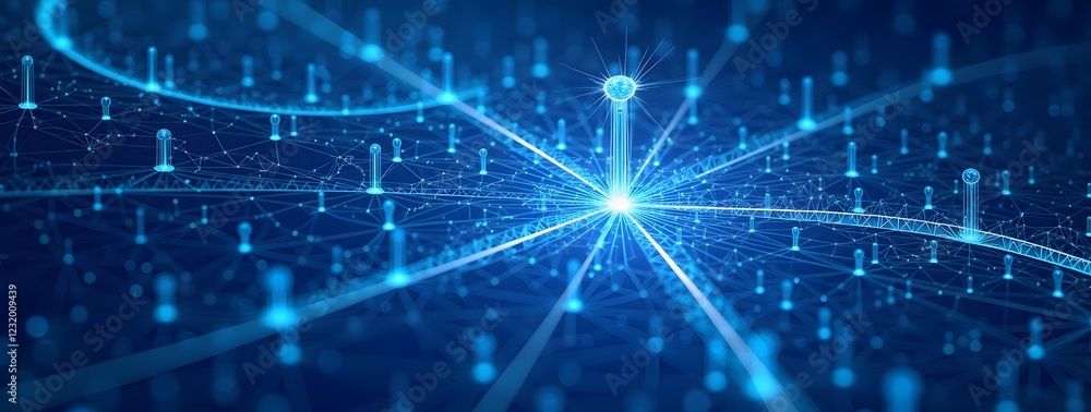 Poster futuristic network connection digital nodes in a glowing blue web