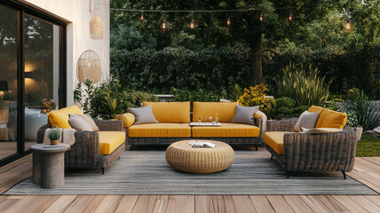 Outdoor seating set featuring yellow cushions, perfect for garden gatherings casual relaxing moment