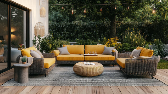 Outdoor seating set featuring yellow cushions, perfect for garden gatherings casual relaxing moment