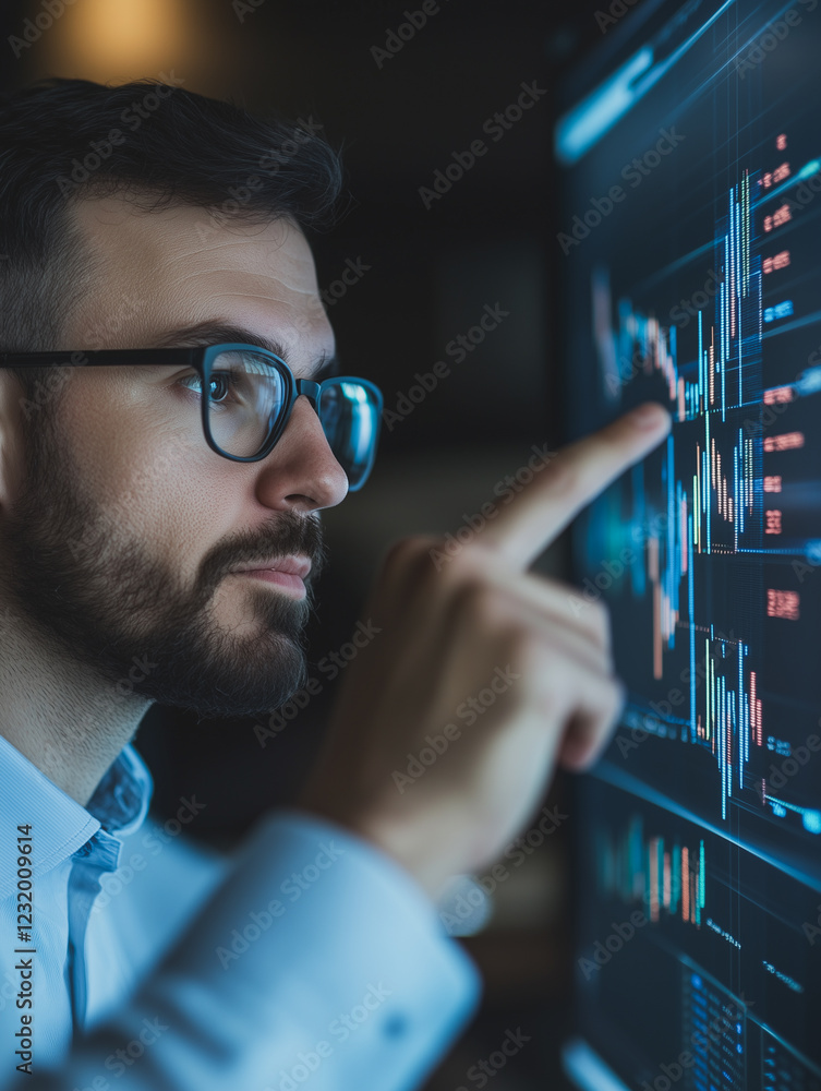 Poster data driven decisions: a focused and determined businessman studies a financial chart on a large com