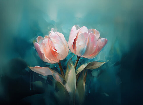 A painterly depiction of two peach-colored tulips against a teal background.  The style is impressionistic, with visible brushstrokes and a soft focus.  Water droplets enhance the image's delicate bea