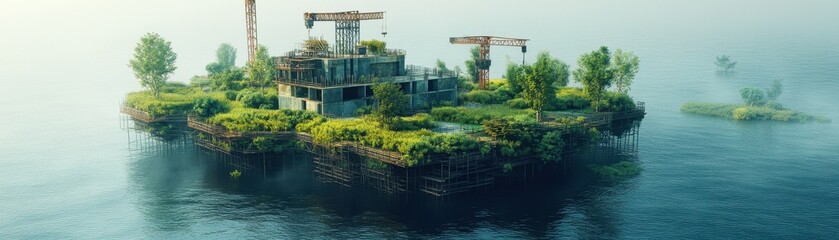 Obraz premium An Overgrown Industrial Island in a Misty Sea