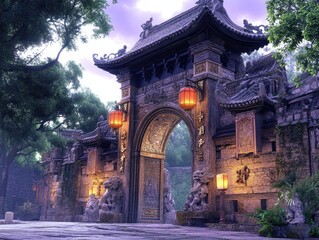 Obraz premium Ancient Stone Archway Gate at Twilight in Asian Temple Setting