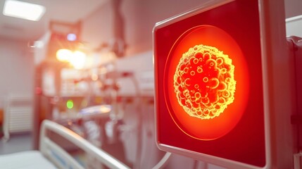 Glowing red warning sign with cancer cell illustration on white surface, surrounded by medical equipment and lab instruments, emphasizing health and safety awareness in scientific research environment