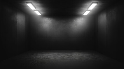 Abstract empty concrete room with led light illumination. Realistic vector illustration of dark garage, underground warehouse or cellar with solid cement walls. Industrial space interior design