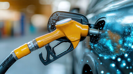 close up of fuel pump nozzle filling car with fuel, showcasing modern technology and energy transfer. image captures essence of fueling up in vibrant gas station environment