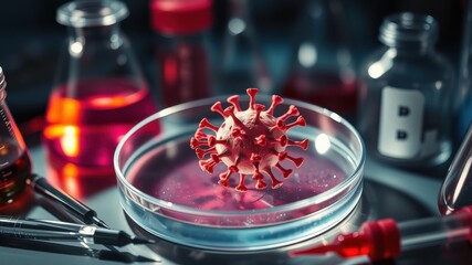 Laboratory Scene Featuring 3D Model of Coronavirus in Petri Dish Surrounded by Glassware and Colorful Solutions