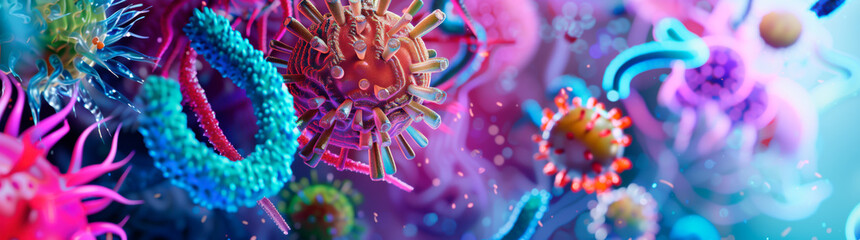 Colorful microscopic view of diverse microorganisms and cells in vibrant blue, pink, and orange hues, showcasing intricate biological structures. Conceptual science and microbiology design.
