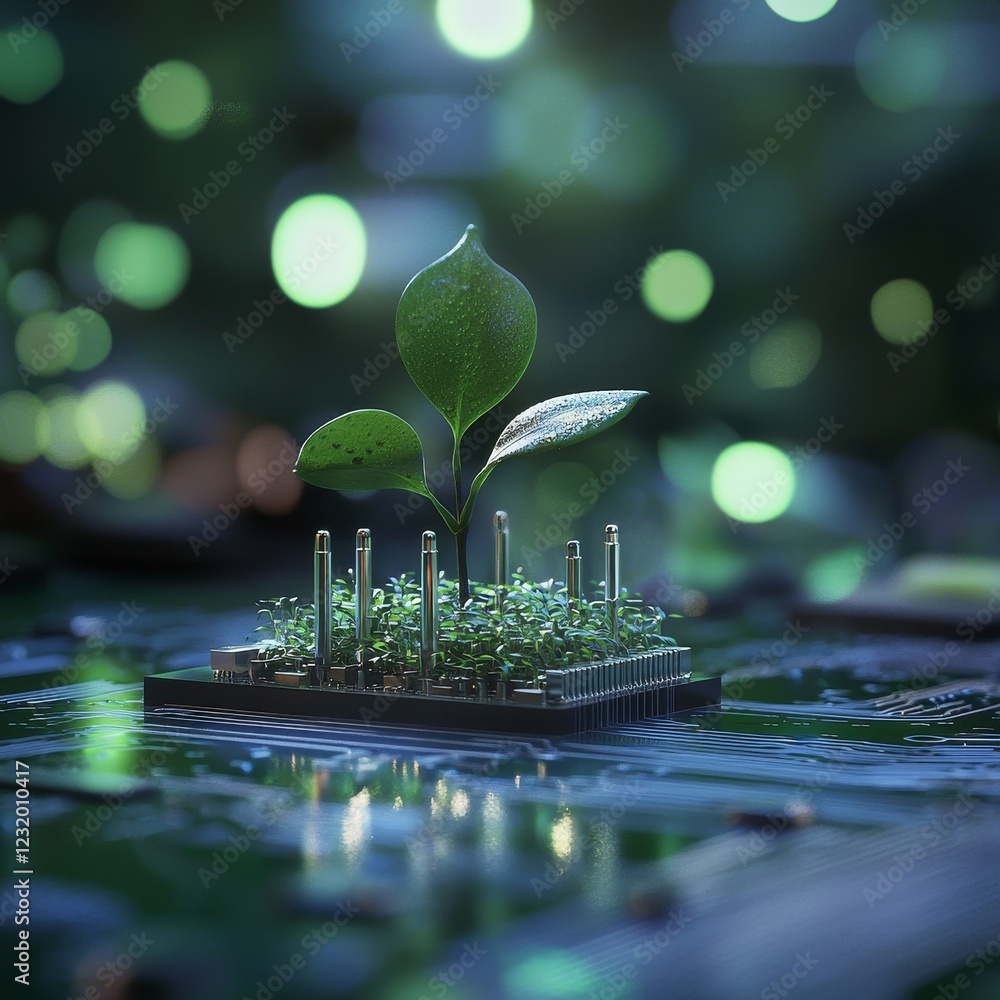 Poster green sprout on circuit board digital art, merging nature and tech concepts with a bokeh background,