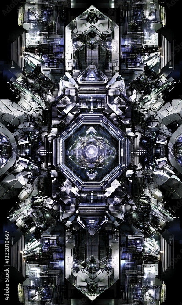 Poster intricate metallic structure with central glowing core, symmetrical design, for sci-fi or abstract p