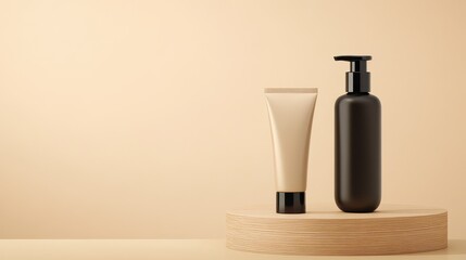 Beige and Black Cosmetic Products on Wooden Display