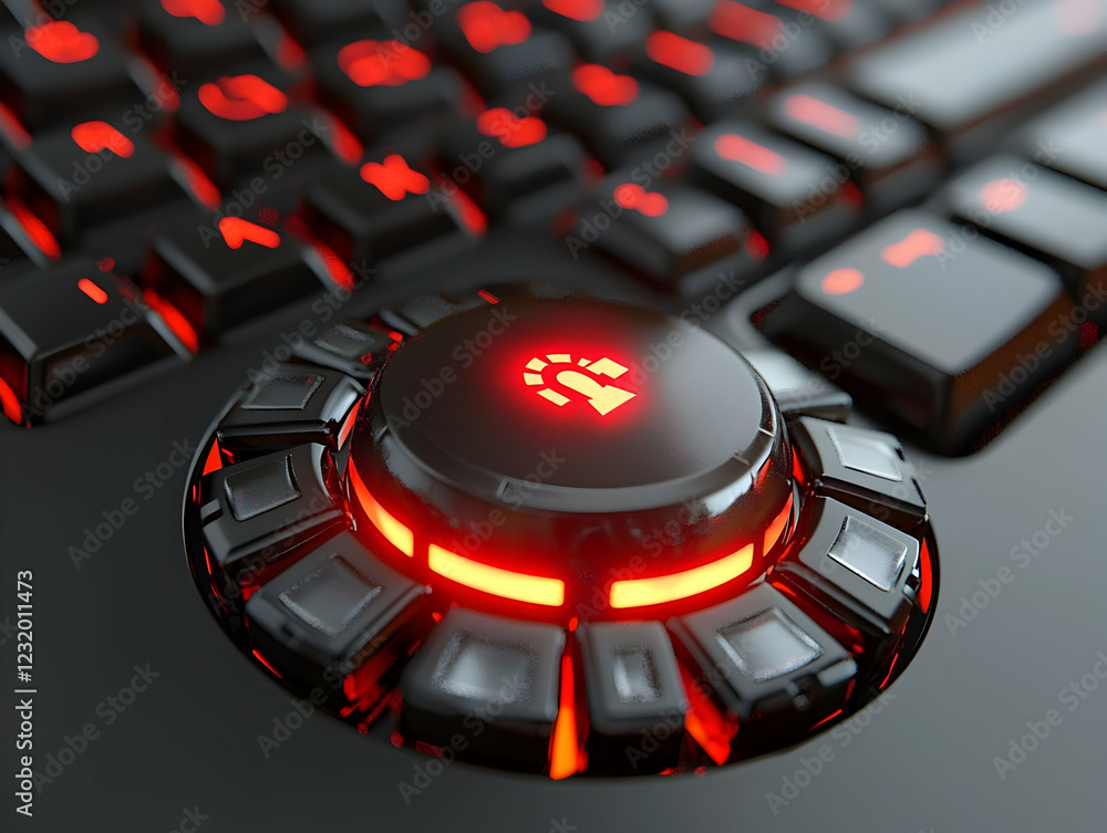 Poster red illuminated keyboard button, close-up