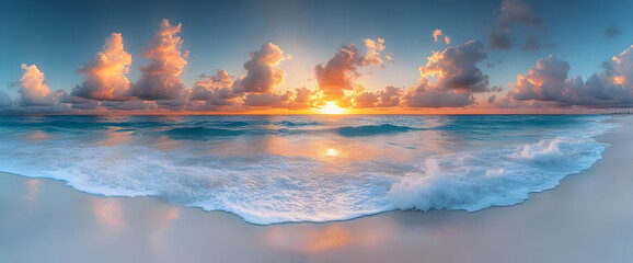 Fototapeta premium Ocean Sunset Landscape: Golden Hour Waves on a Tropical Beach