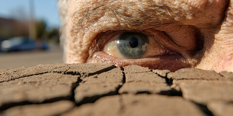 Naklejka premium Close-up of Elderly Person's Eye Partially Hidden by Cracked Surface