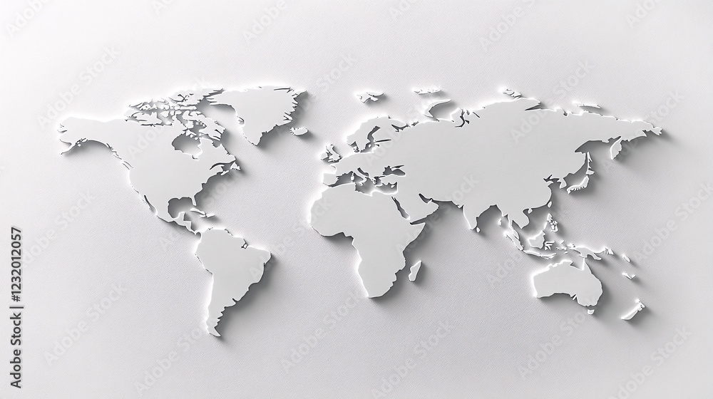 Poster a minimalist three-dimensional world map with raised white continents on a clean white background cr