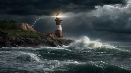 Dramatic Lightning Strikes Near Lighthouse Dramatic Photography on the Ocean