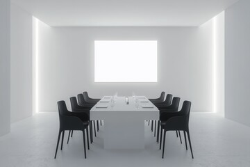 Minimalist white dining room with black chairs, long table, and blank screen.