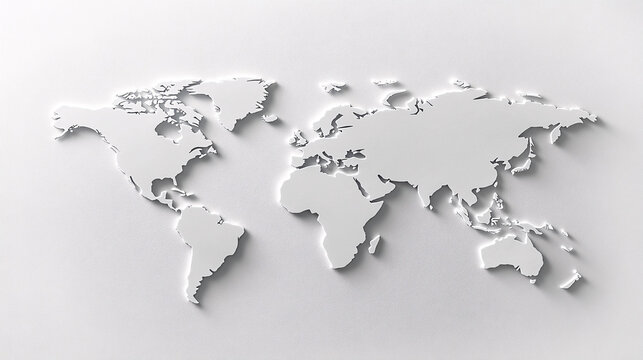 A minimalist three-dimensional world map with raised white continents on a clean white background creating a modern and elegant design
