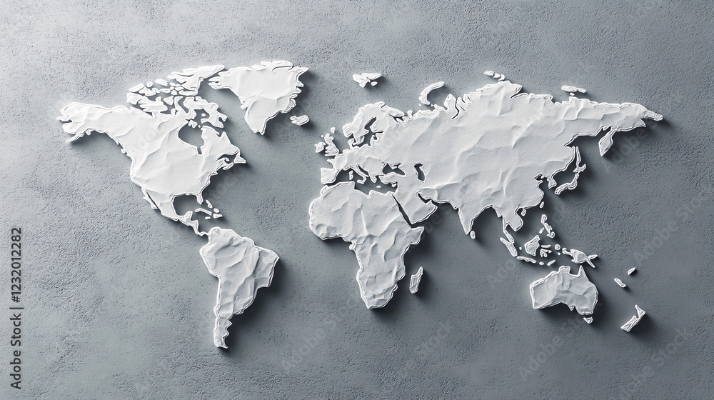 Poster a minimalist embossed world map with a textured gray plaster surface creating a modern and elegant g