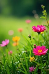 Fototapeta premium Close-up vibrant wildflowers, lush green grass, organic, vibrant