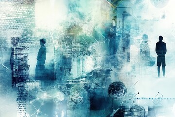 digital collage showing interconnected technological elements with human figures, representing innovation and progress in soft blues and whites