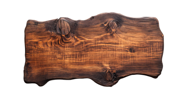 Old rustic brown wooden board with irregular edges on transparent background