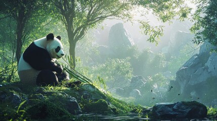 Obraz premium A calm panda bear munches on bamboo in a serene forest clearing, surrounded by nature's beauty and peace.
