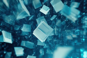 digital network visualization with floating document icons, abstract data streams, holographic interface elements in cool tech blues