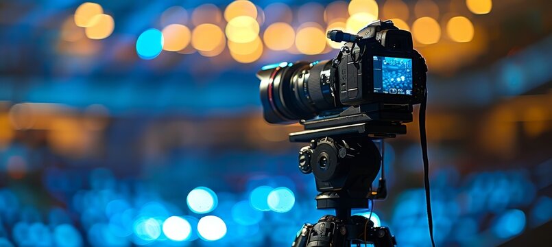 A professional video camera on a tripod records a live event in a dimly lit venue. The operator adjusts the camera, capturing the performance under blue stage lighting.
