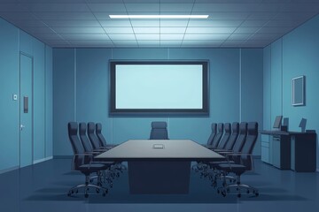 Empty conference room at night, long table, chairs, screen, desk.